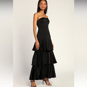 Lulus Blissfully Beautiful Black Satin Strapless Tiered Maxi Dress